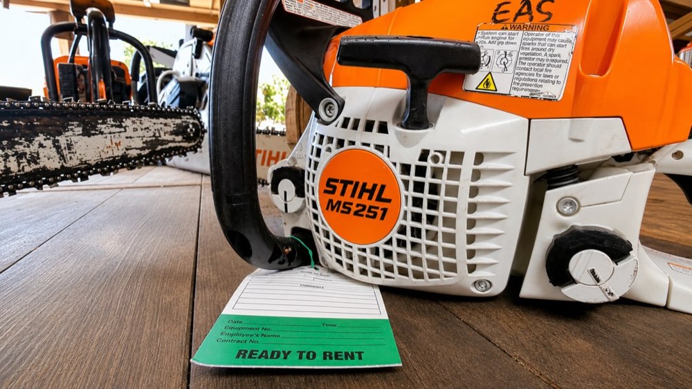 Stihl chainsaw with a Ready To Rent tag at Rental Depot